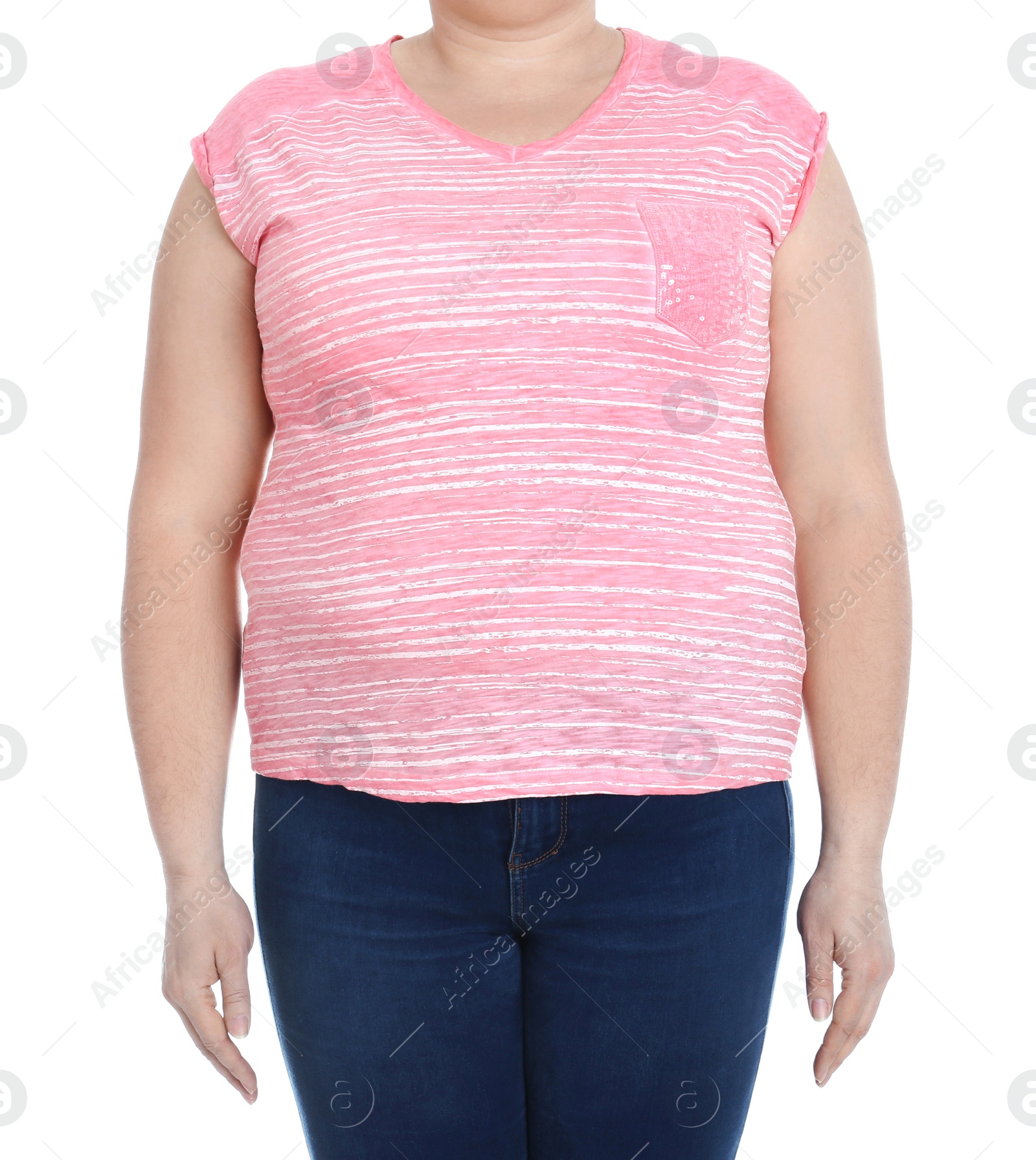 Photo of Overweight woman on white background, closeup. Weight loss