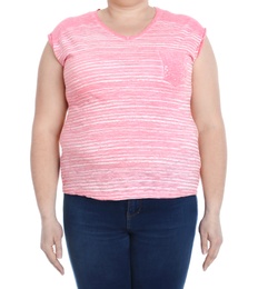 Photo of Overweight woman on white background, closeup. Weight loss