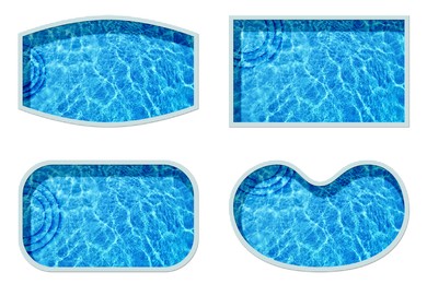 Set with swimming pools of different shapes on white background, top view