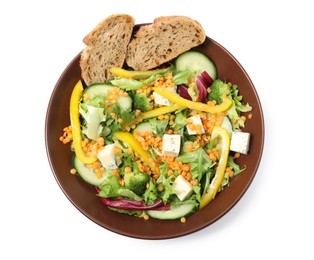 Photo of Plate of delicious salad with lentils, vegetables and bread isolated on white, top view