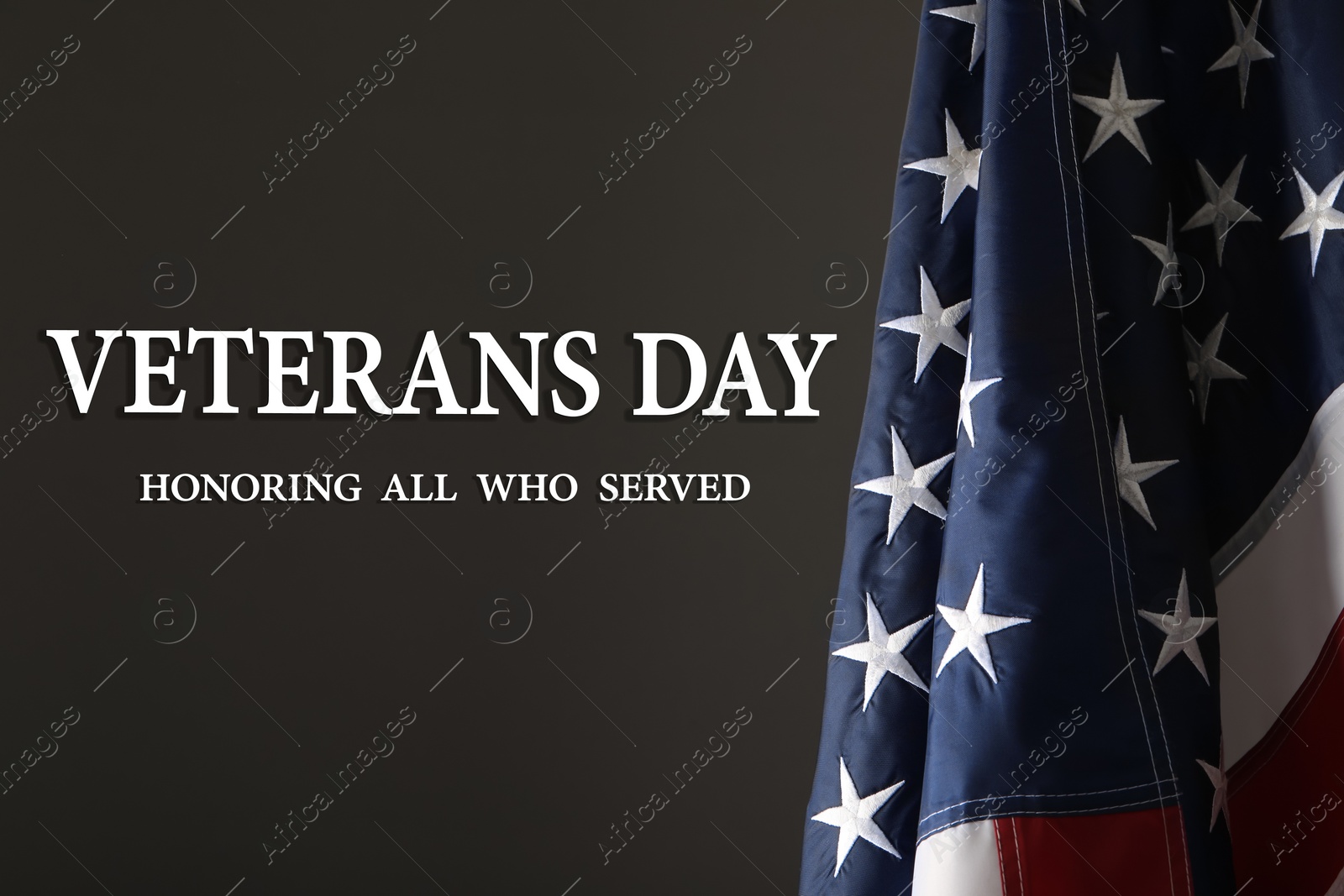 Image of Veterans day. Honoring all who served. American flag on dark background