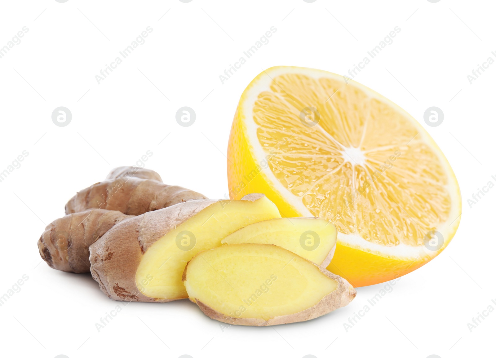 Image of Fresh ginger root and lemon on white background