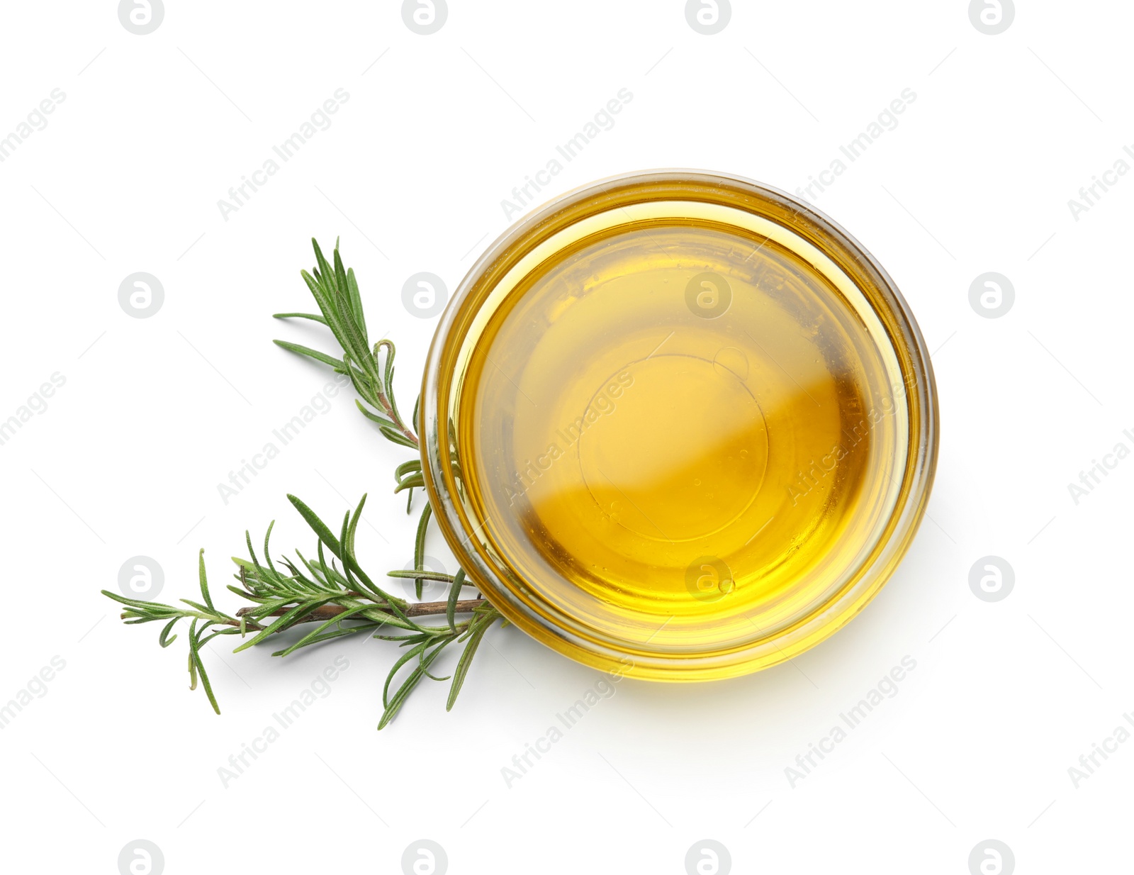 Photo of Composition with rosemary oil on white background, top view