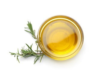 Photo of Composition with rosemary oil on white background, top view