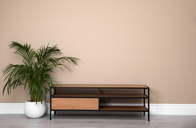 Photo of Modern TV cabinet and houseplant near beige wall. Space for design