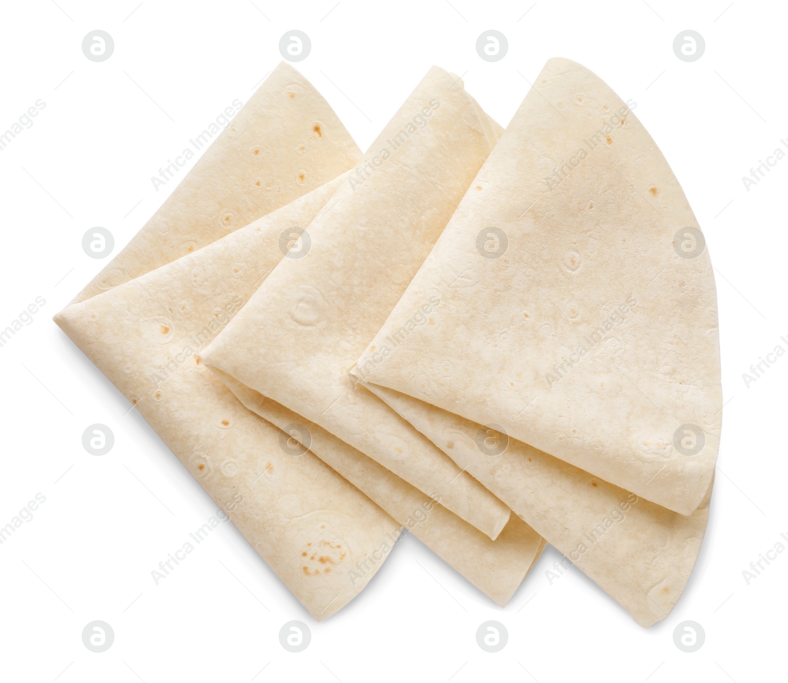 Photo of Delicious folded Armenian lavash on white background, top view