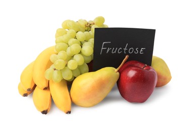 Photo of Card with word Fructose and delicious ripe fruits isolated on white