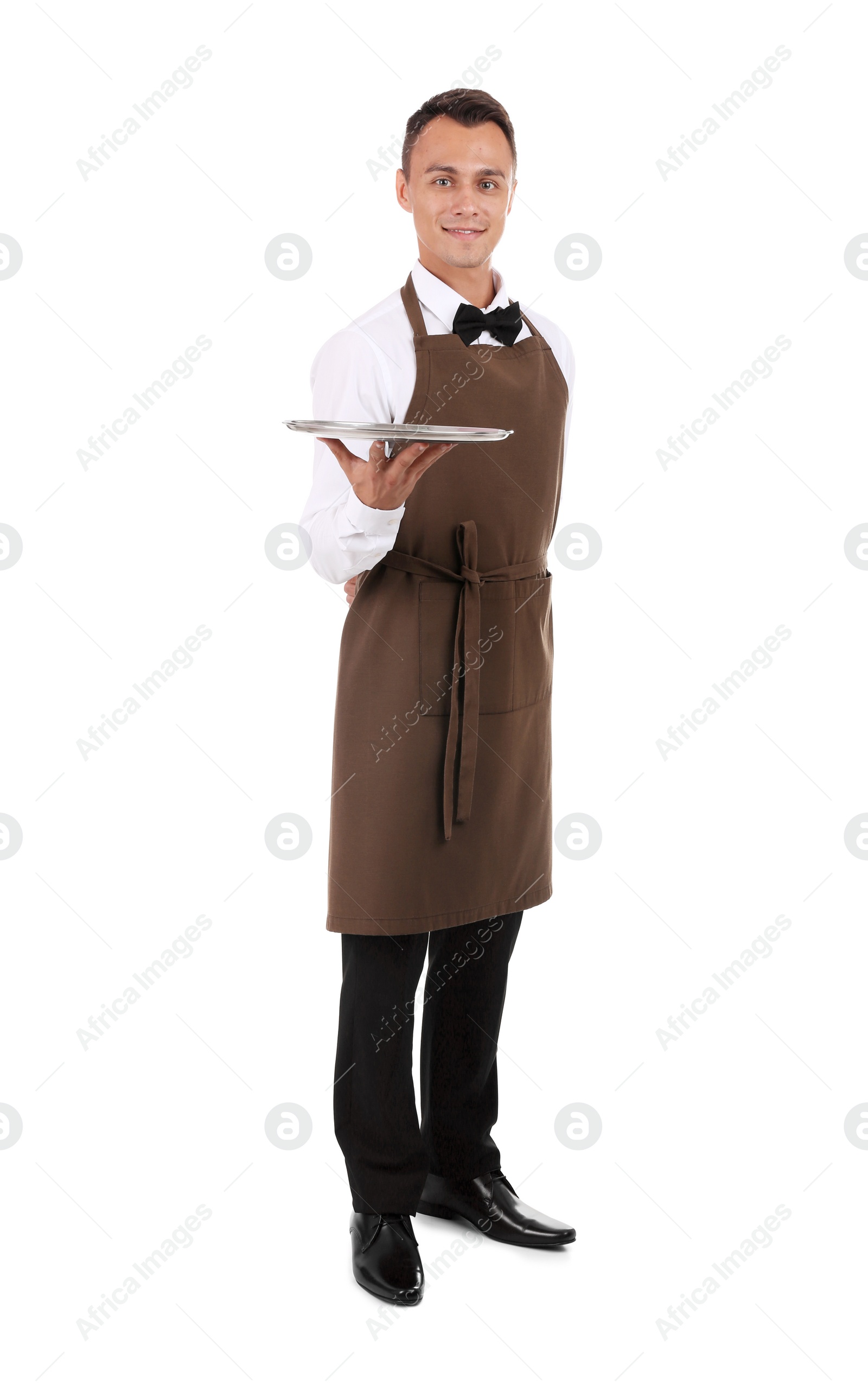 Photo of Waiter holding metal tray on white background