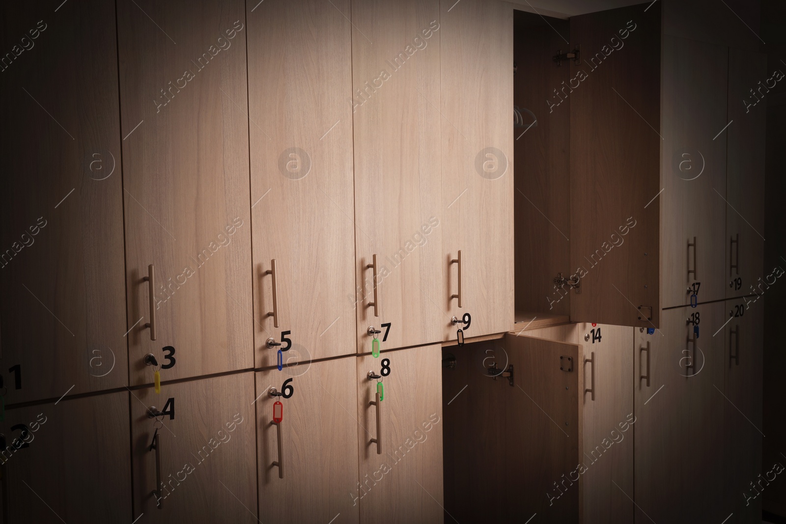 Image of Many wooden lockers with keys and numbers on doors. Vignette effect