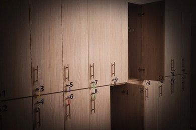 Many wooden lockers with keys and numbers on doors. Vignette effect