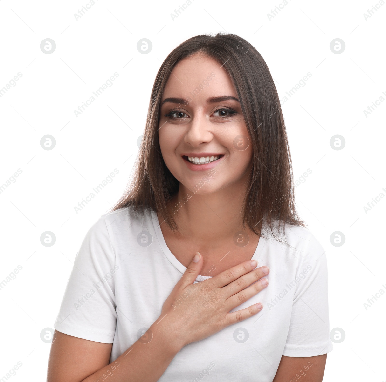 Photo of Beautiful young woman in casual outfit on white background