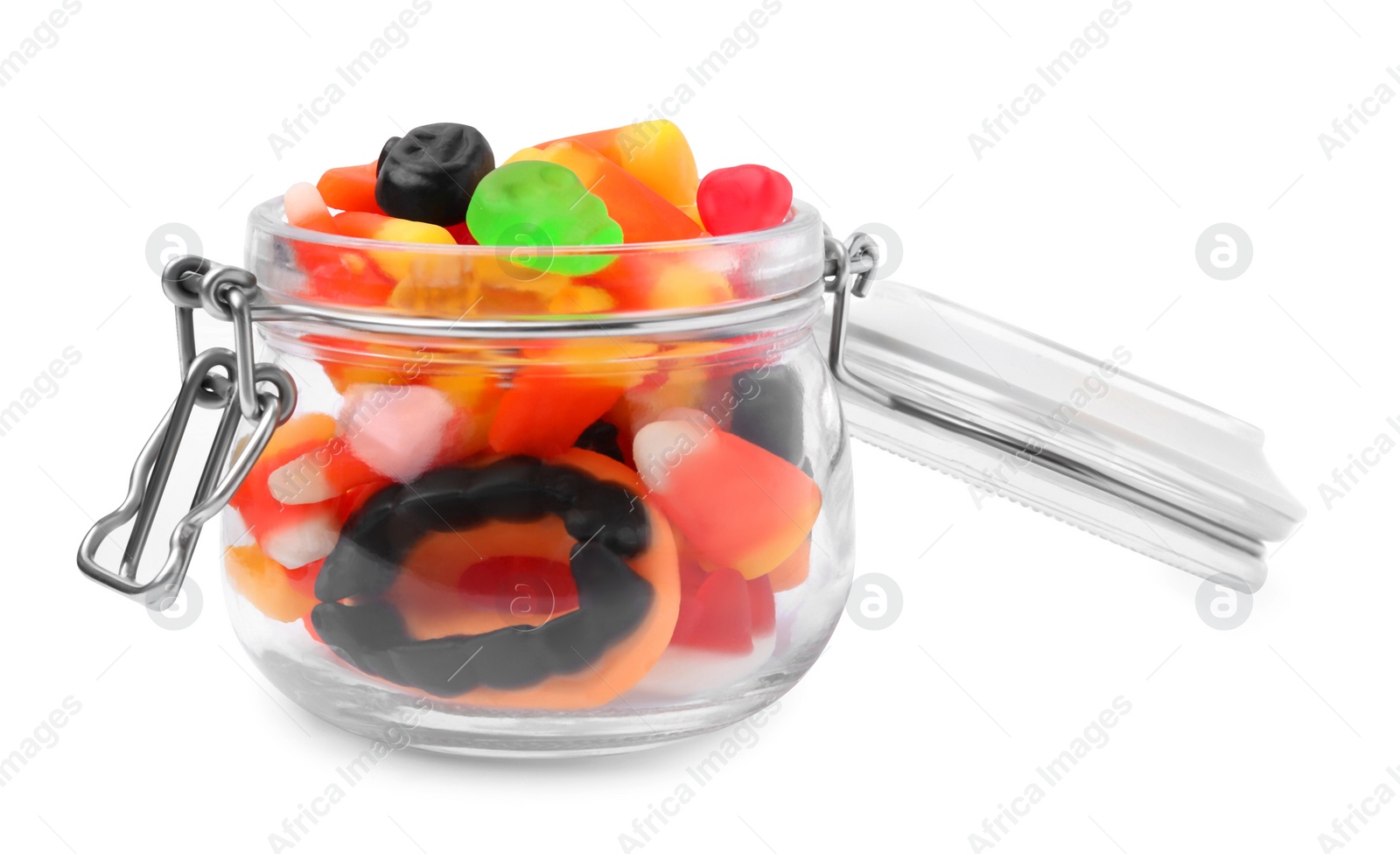 Photo of Jar of delicious colorful candies isolated on white. Halloween sweets