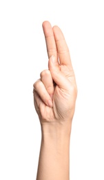 Photo of Woman showing U letter on white background, closeup. Sign language