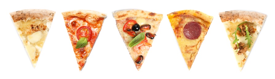 Set with pieces of different pizzas on white background, top view. Banner design 