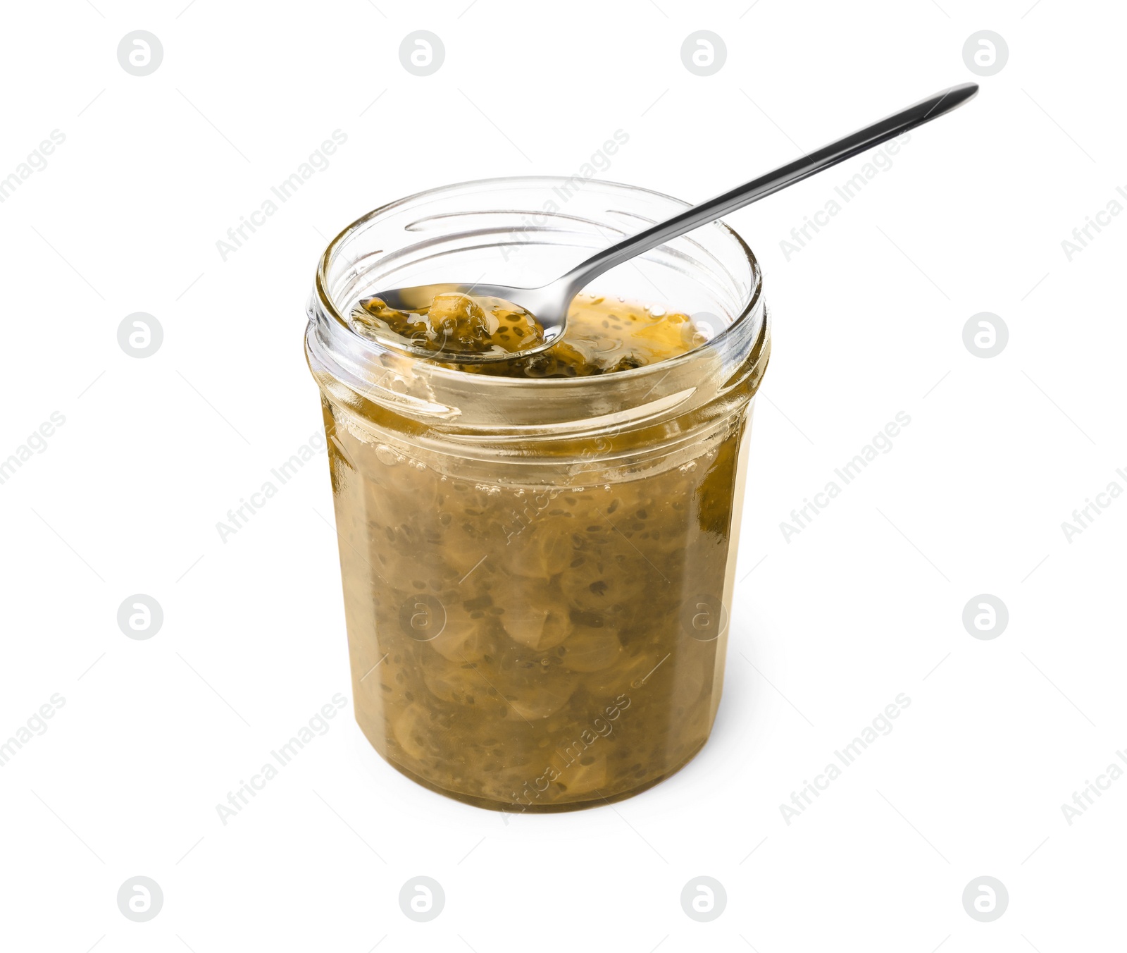Photo of Jar of delicious gooseberry jam with spoon isolated on white