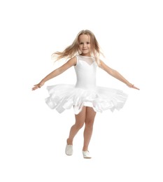 Cute little girl in beautiful dress dancing on white background