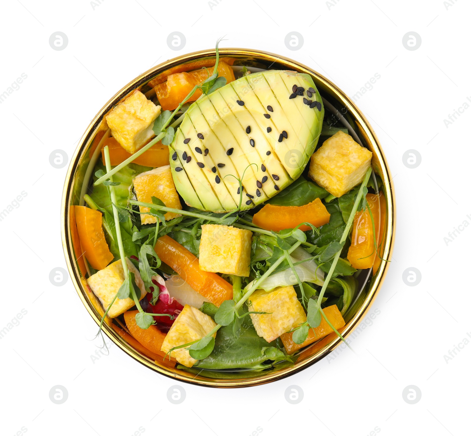 Photo of Delicious salad with tofu and vegetables in bowl isolated on white, top view