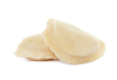 Boiled dumplings with tasty filling on white background