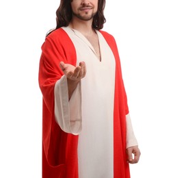 Jesus Christ reaching out his hand on white background, closeup