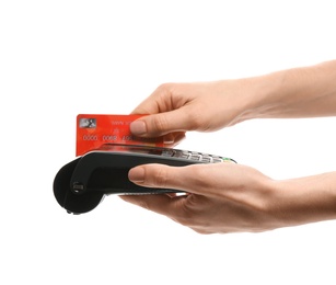 Woman using payment terminal on white background, closeup