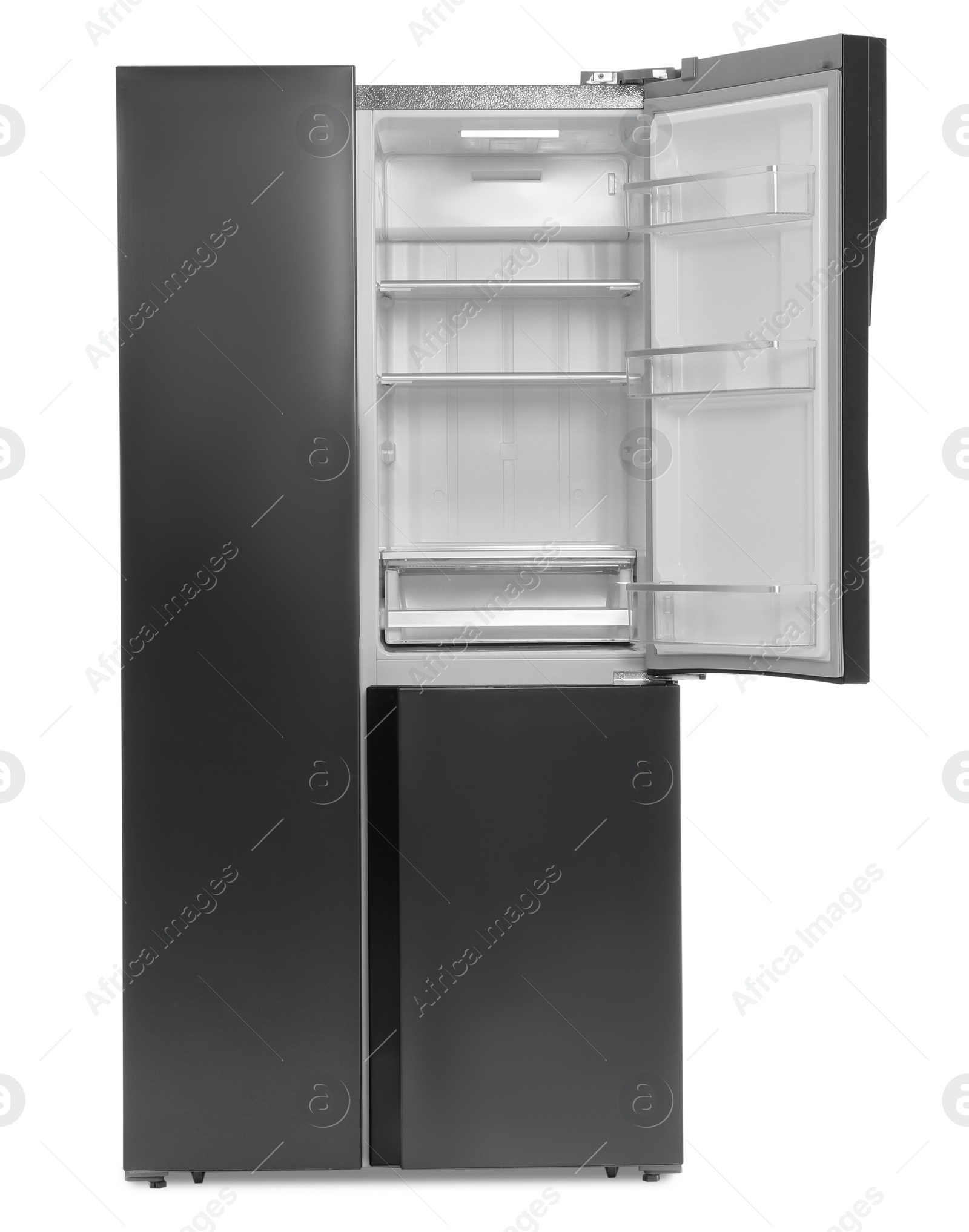 Photo of Empty stainless steel refrigerator isolated on white