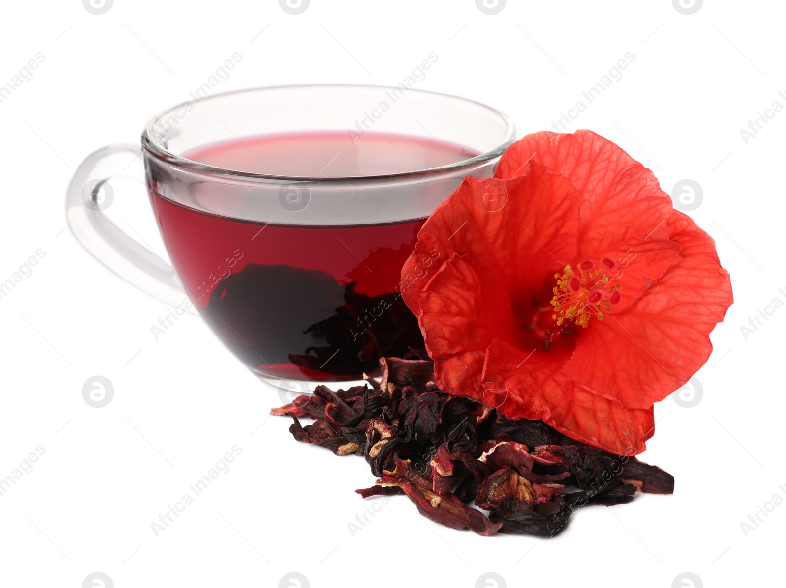 Photo of Delicious hibiscus tea and dry flowers on white background