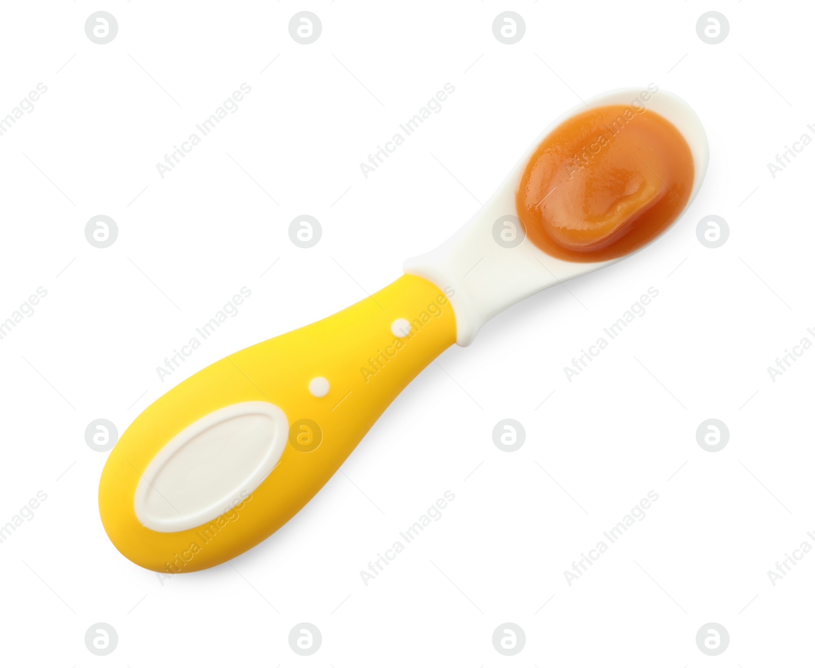 Photo of Healthy baby food in spoon isolated on white, top view