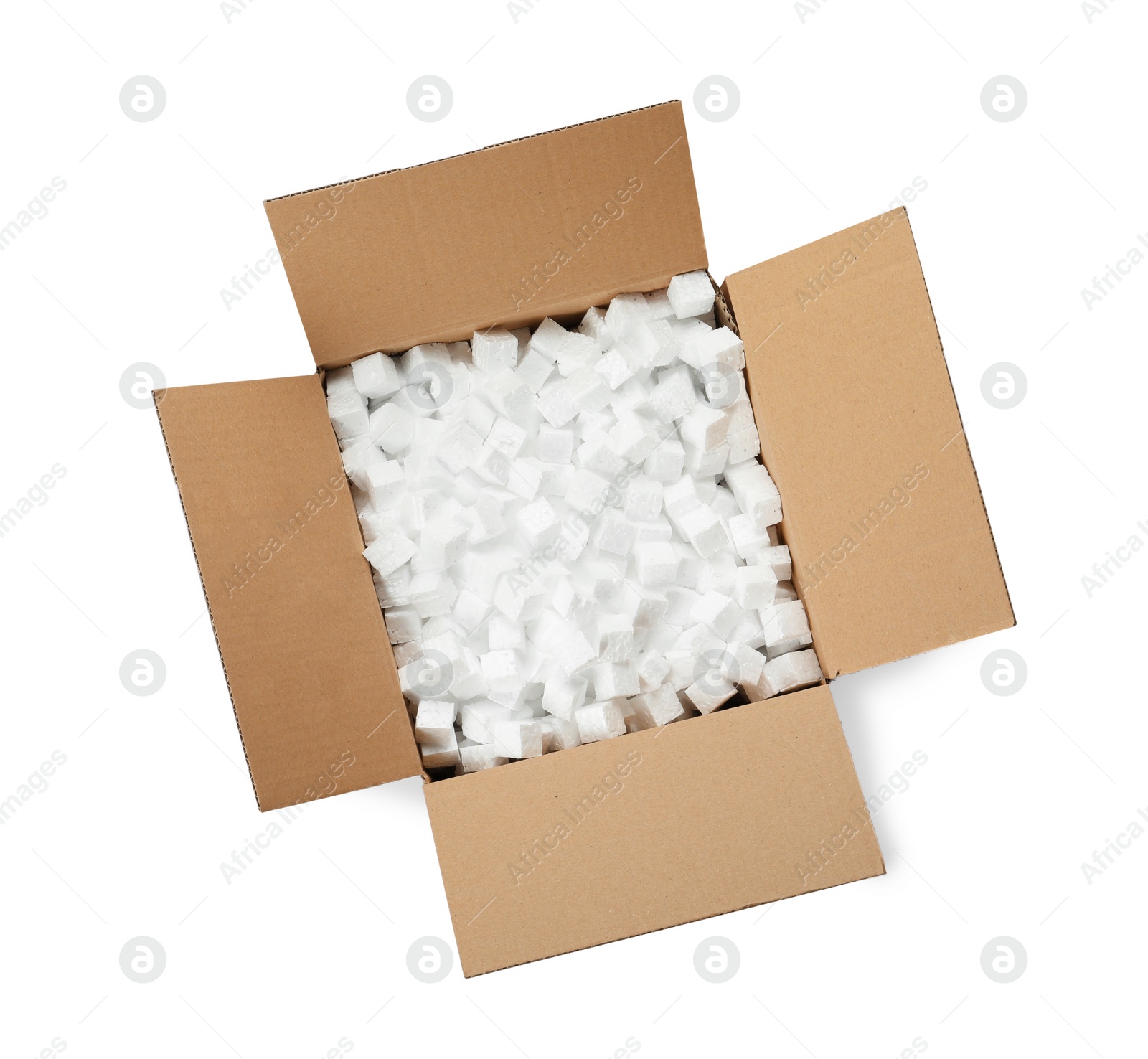 Photo of Cardboard box with styrofoam cubes isolated on white, top view