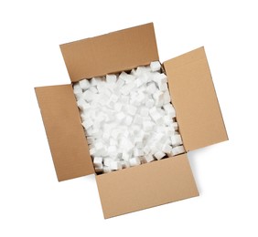 Cardboard box with styrofoam cubes isolated on white, top view