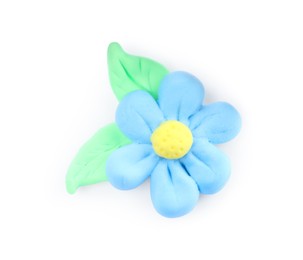 Photo of Light blue flower with leaves made from play dough on white background, top view