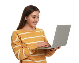 Photo of Young woman with modern laptop on white background