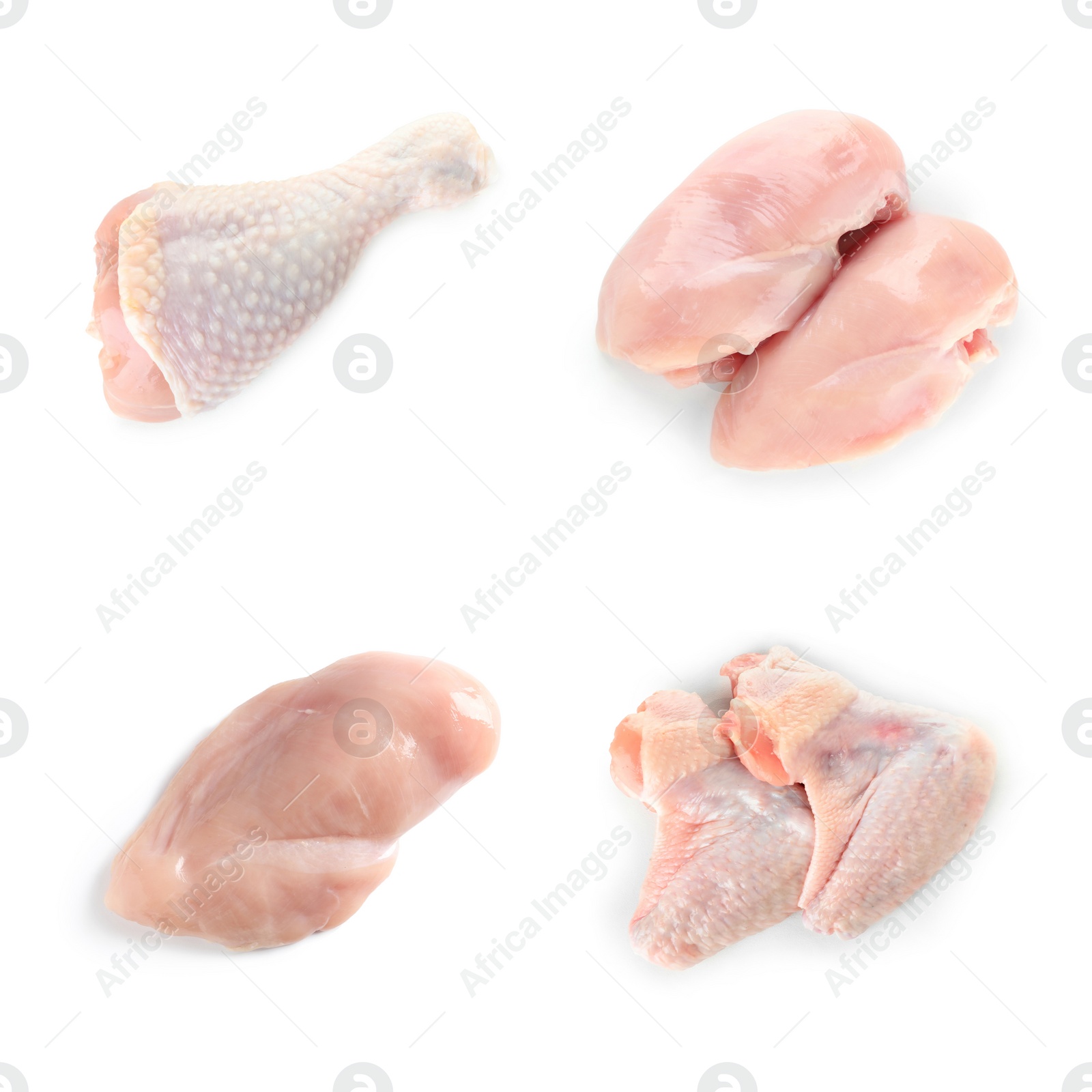 Image of Set with raw chicken meat on white background, top view 