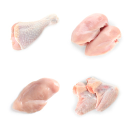 Set with raw chicken meat on white background, top view 