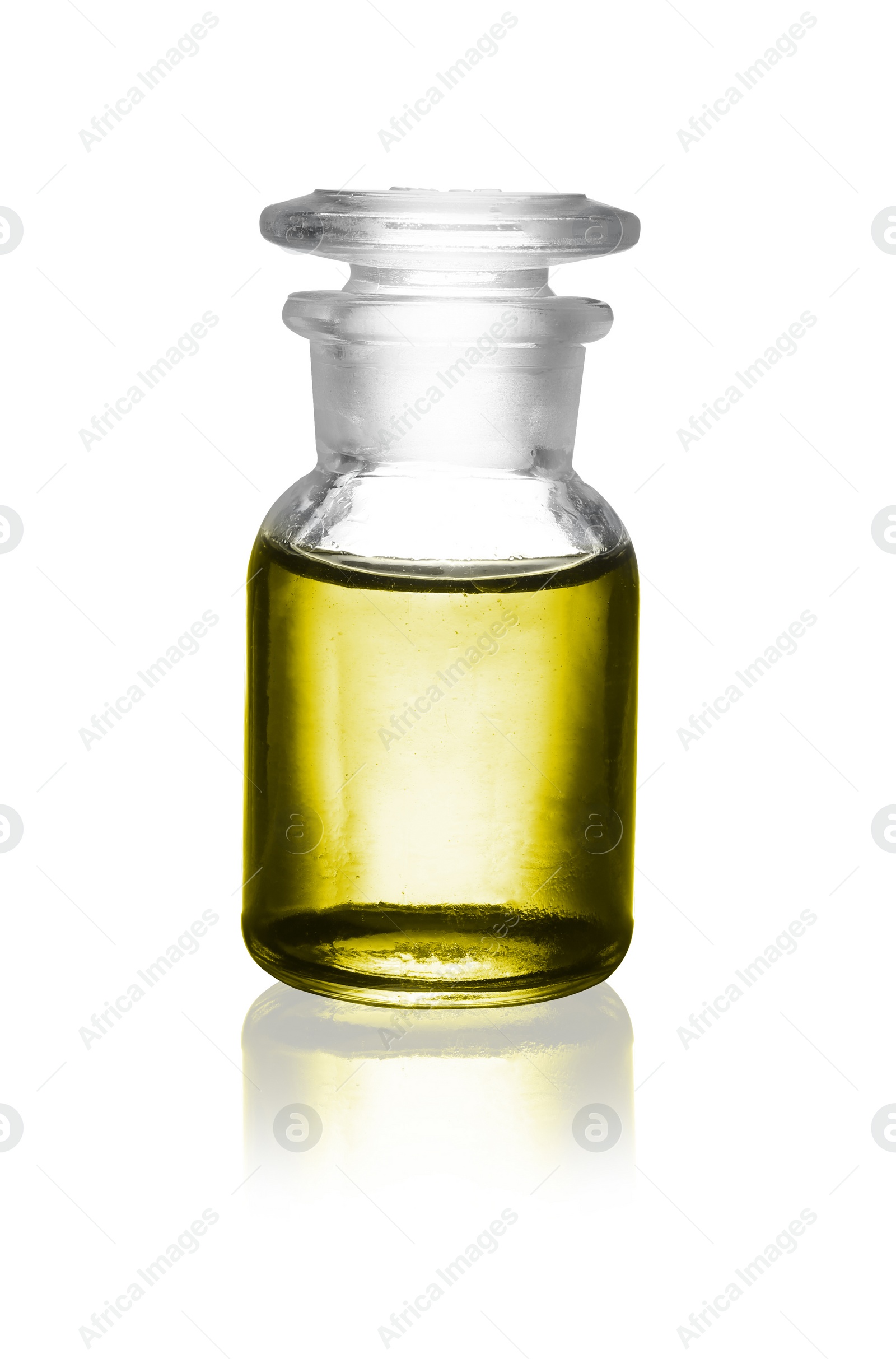 Image of Reagent bottle with yellow liquid isolated on white. Laboratory glassware