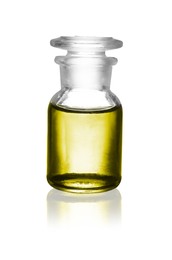 Image of Reagent bottle with yellow liquid isolated on white. Laboratory glassware