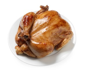 Photo of One tasty roasted chicken isolated on white, top view