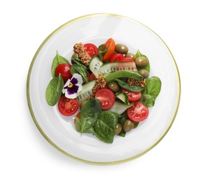 Photo of Plate of delicious salad with vegetables, olives and grain mustard isolated on white, top view