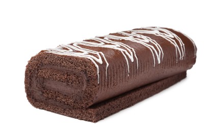 Photo of Tasty chocolate cake roll isolated on white