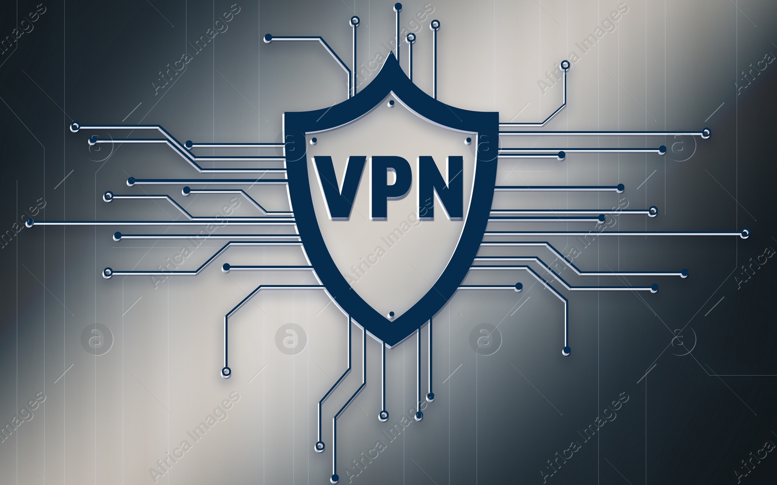 Illustration of Concept of secure network connection. Acronym VPN on grey background, illustration