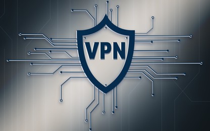 Concept of secure network connection. Acronym VPN on grey background, illustration