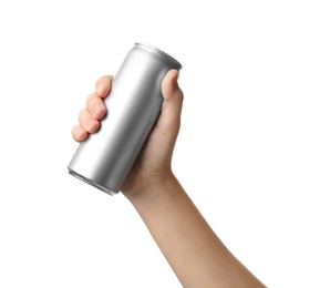 Woman holding aluminum can with beverage on white background, closeup. Space for design