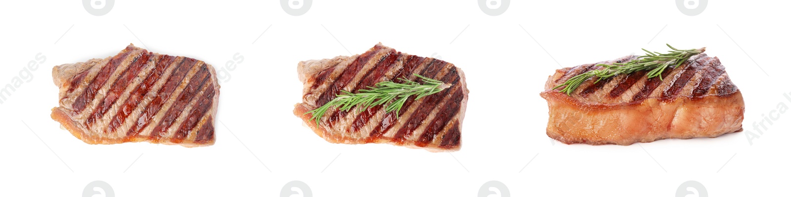 Image of Delicious grilled beef steaks isolated on white, set