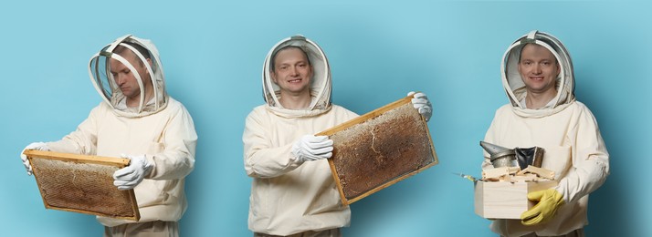 Image of Collage with photos of beekeeper in uniform holding frames with honeycombs and different tools on turquoise background. Banner design