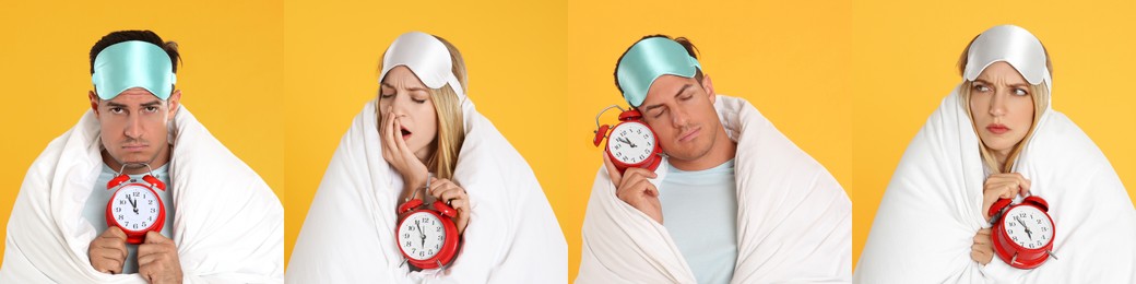 Image of Collage with photos of people wrapped in blankets with alarm clocks on yellow background. Banner design