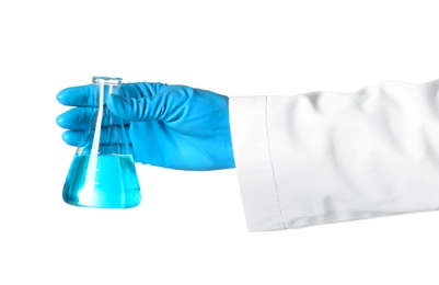 Photo of Scientist holding glass flask with liquid on white background. Chemical research