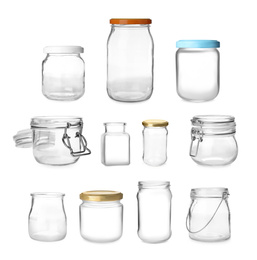 Image of Set with different empty glass jars on white background