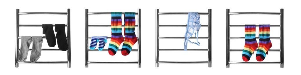 Image of Set with modern heated towel rails with clothes on white background. Banner design