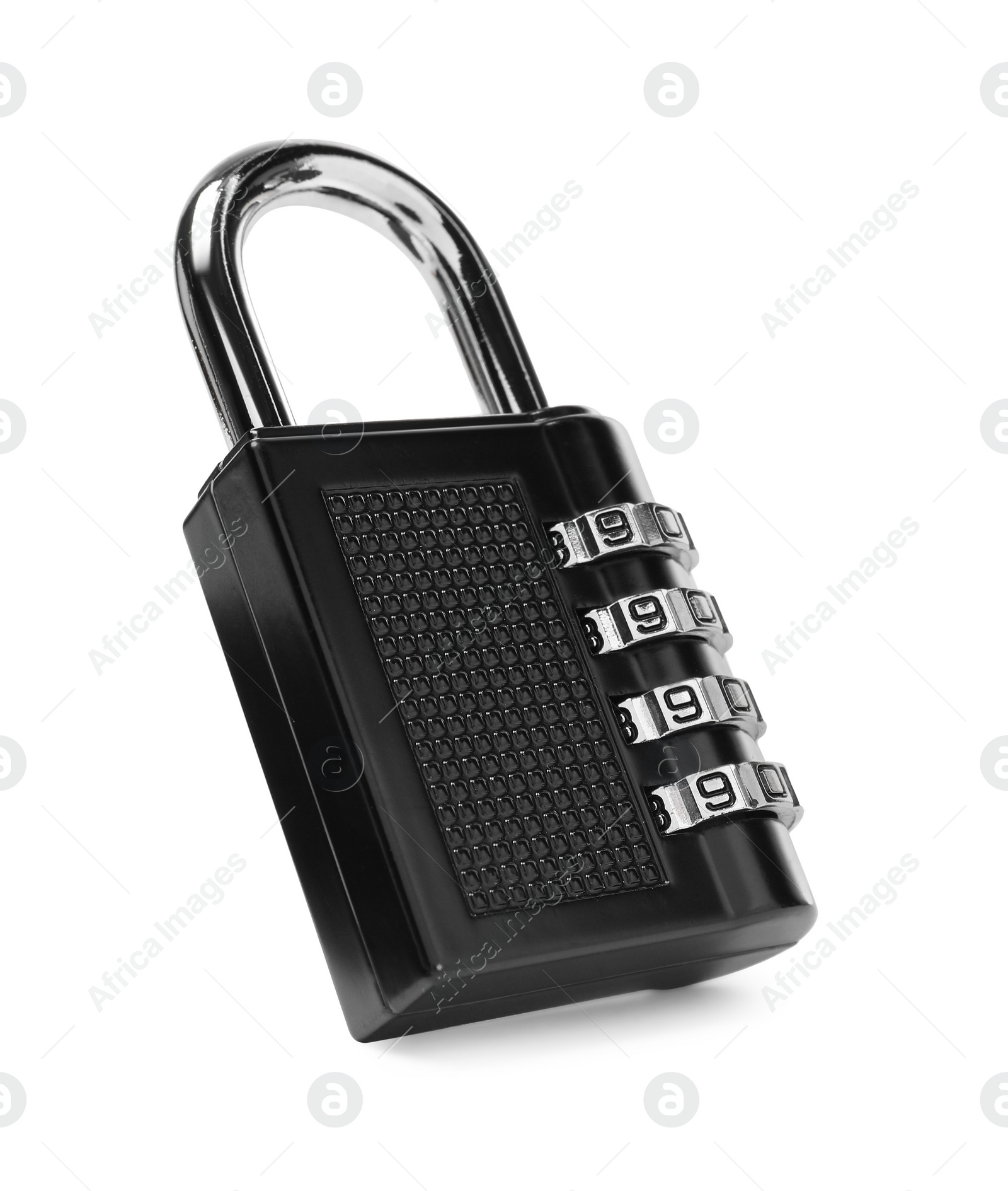 Photo of Locked steel combination padlock isolated on white