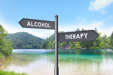 Image of Alcohol addiction: what to choose - therapy or life with bad habit? Signpost with different directions against beautiful mountain landscape