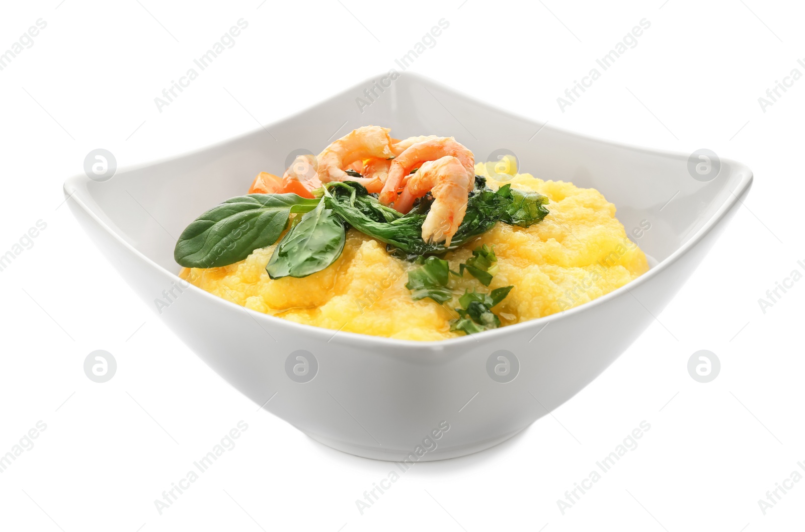 Photo of Plate with fresh tasty shrimp and grits on white background